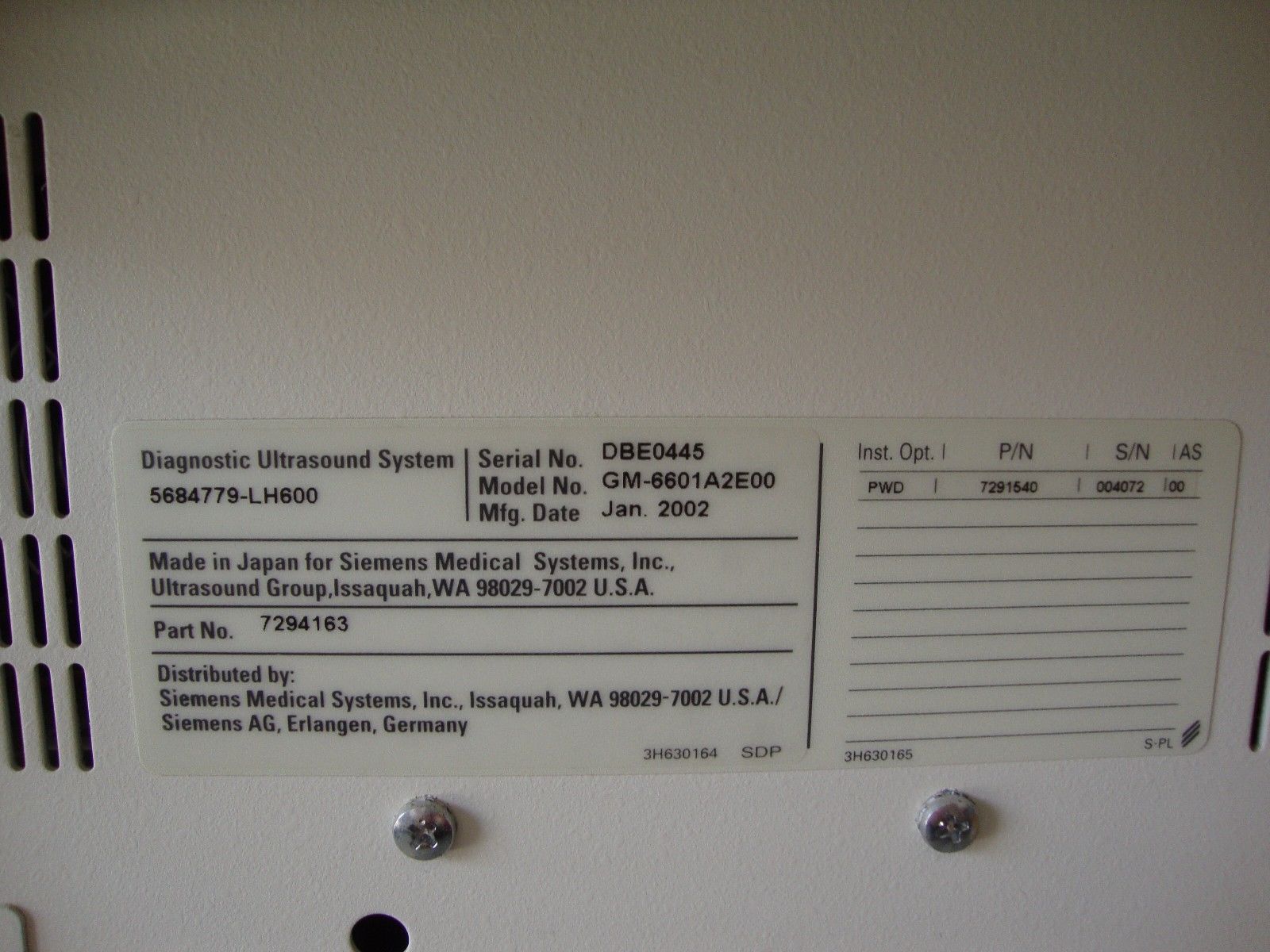 siemens sienna diagnostic ultrasound system GM-6601A2E00 2002 DIAGNOSTIC ULTRASOUND MACHINES FOR SALE